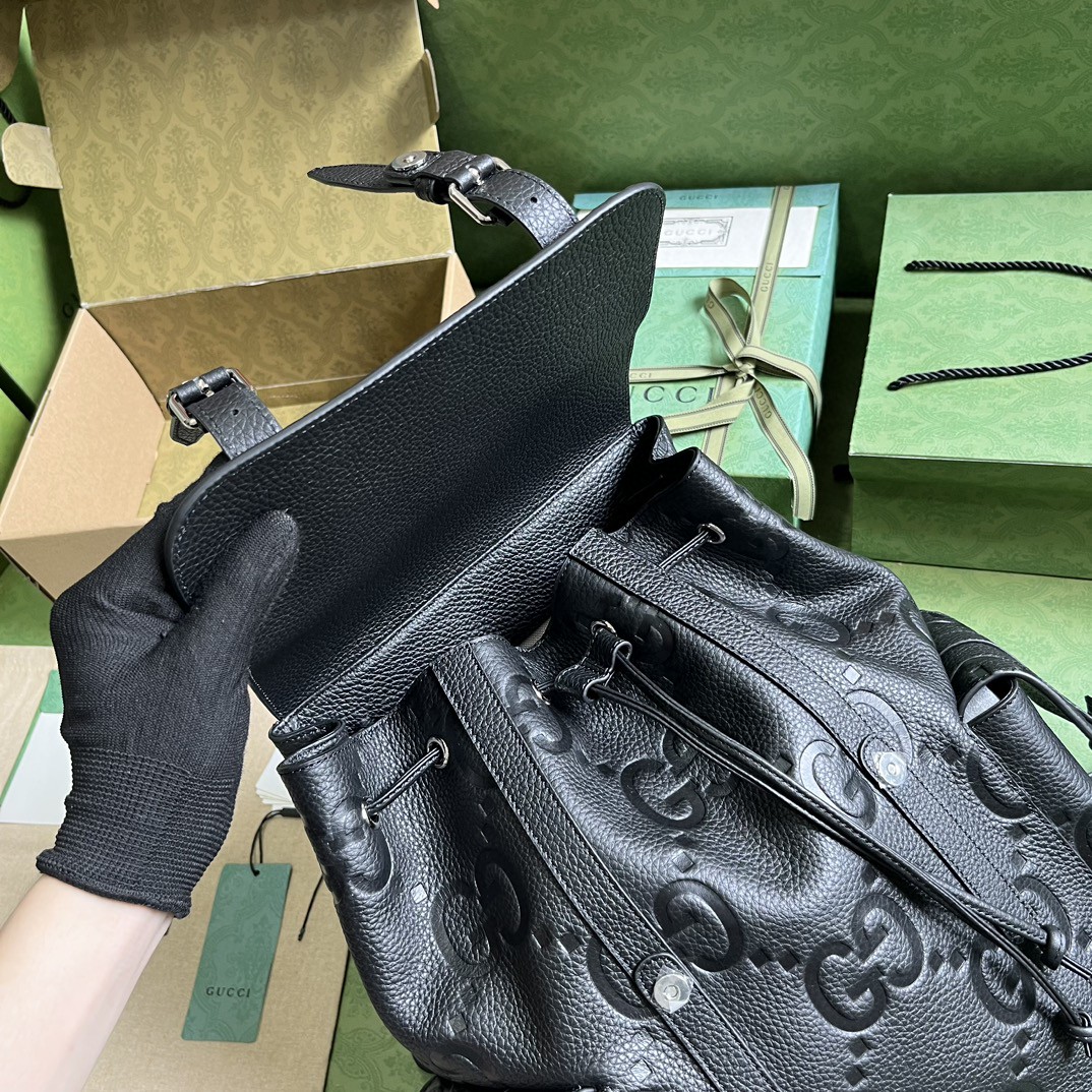 原厂皮 GUCCI 古驰 老花logo压纹大容量 黑色 书包 背包 双肩包 男女同款 625770-AABZF-1000