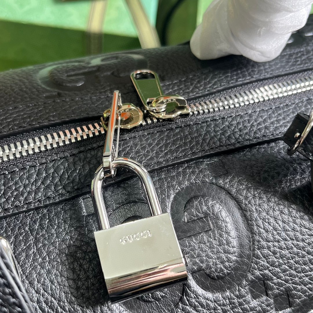 原厂皮 GUCCI 古驰 GG 印花压纹拉链 黑色 斜挎包 单肩包 手提包 旅行包 女款 725282-AABY7-1000