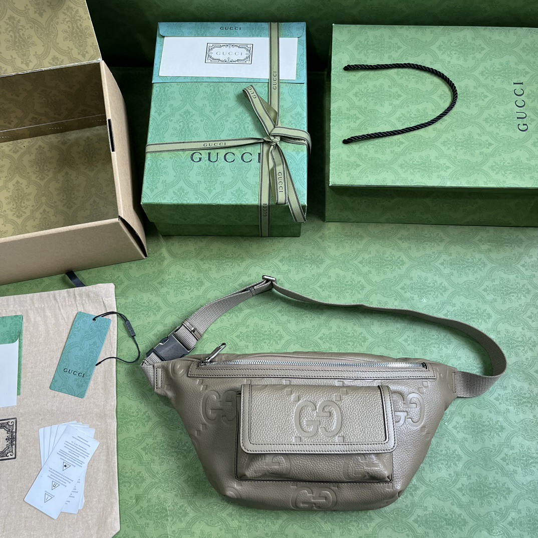 原厂皮 GUCCI 古驰 老花Logo压纹拉链 灰色 胸包 腰包 斜挎包 男女同款 