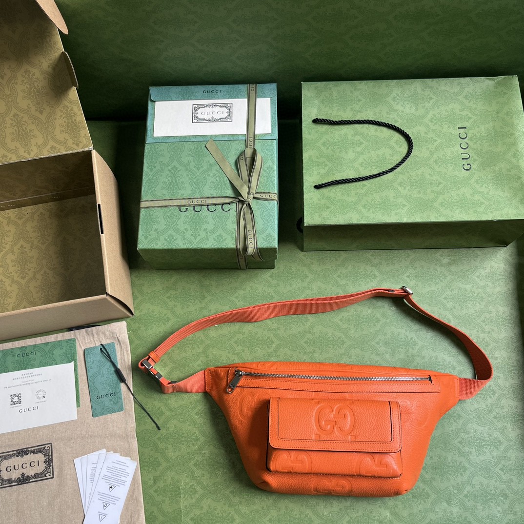 原厂皮 GUCCI 古驰 老花Logo压纹拉链 橘色 胸包 腰包 斜挎包 男女同款 645093-AABY7-7505
