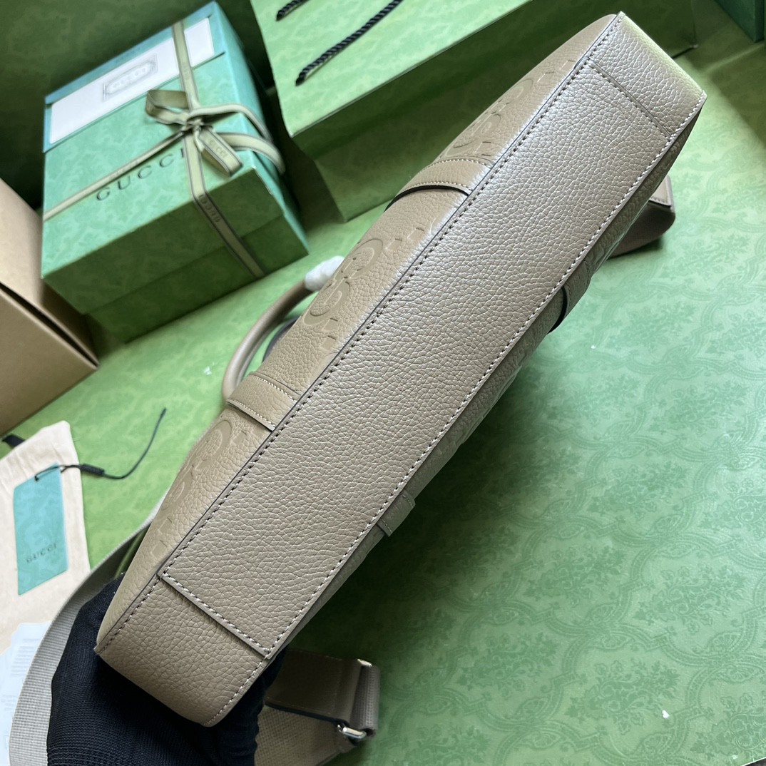 原厂皮 GUCCI 古驰 老花Logo压纹通勤拉链 灰色 公文包 手提包 单肩包 斜挎包 男款 