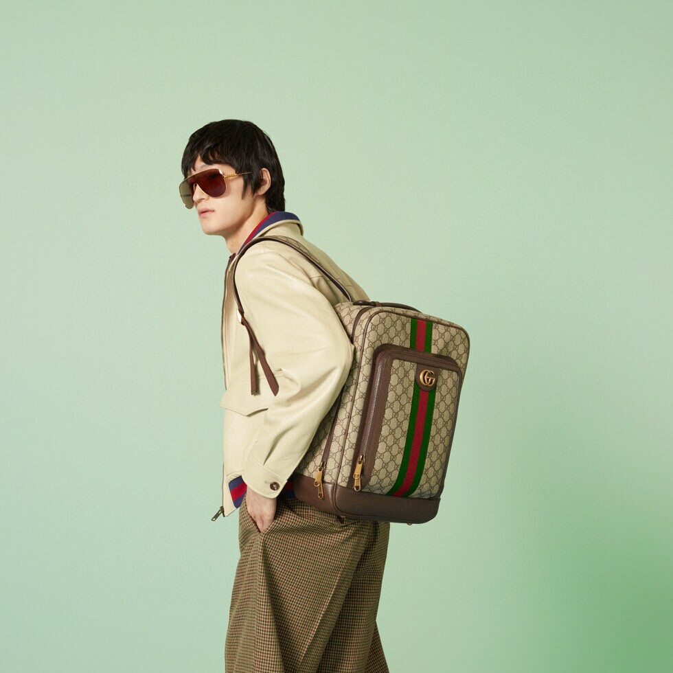 原厂皮 GUCCI 古驰 Ophidia 双G 徽标拉链开合帆布拼接 棕色 书包 背包 双肩包 男女同款 745718-FABYY-9744