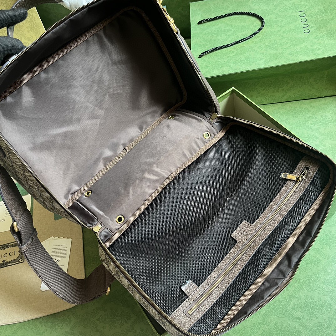 原厂皮 GUCCI 古驰 Ophidia 双G 徽标帆布拼接 可调节肩带拉链 棕色 斜挎包 单肩包 手提包 旅行包 男女同款 22*36*16cm