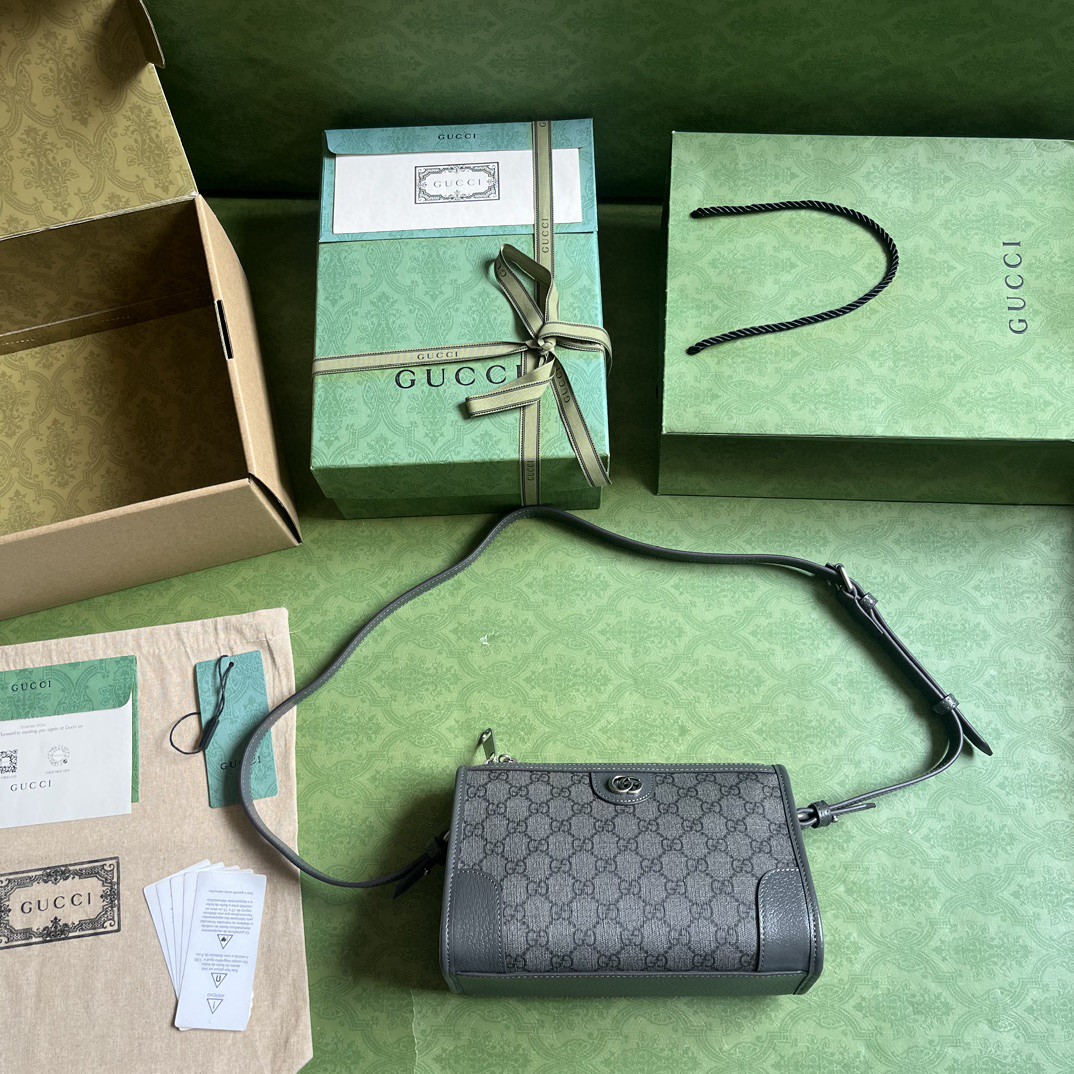 原厂皮 GUCCI 古驰 Ophidia 双G 徽标可调节肩带拉链 灰色 斜挎包 单肩包 邮差包 男女同款 752581-UULBN-1244
