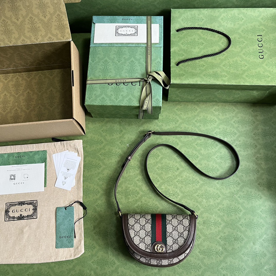 原厂皮 GUCCI 古驰 Ophidia 双G 徽标老花满印帆布拼接 棕色 斜挎包 单肩包 女款 757309-96IWG-8745