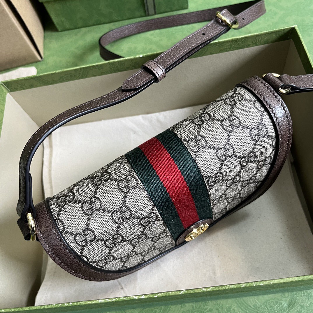 原厂皮 GUCCI 古驰 Ophidia 双G 徽标老花满印帆布拼接 棕色 斜挎包 单肩包 女款 757309-96IWG-8745