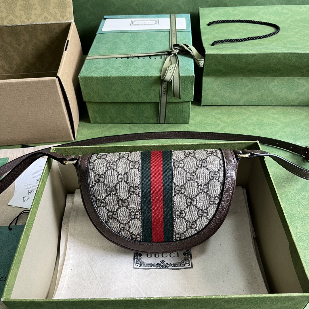 原厂皮 GUCCI 古驰 Ophidia 双G 徽标老花满印帆布拼接 棕色 斜挎包 单肩包 女款 757309-96IWG-8745