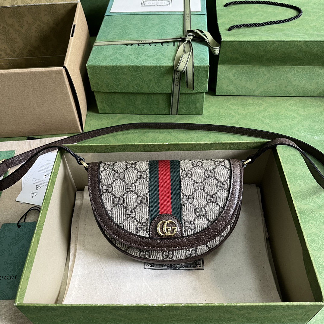 原厂皮 GUCCI 古驰 Ophidia 双G 徽标老花满印帆布拼接 棕色 斜挎包 单肩包 女款 757309-96IWG-8745