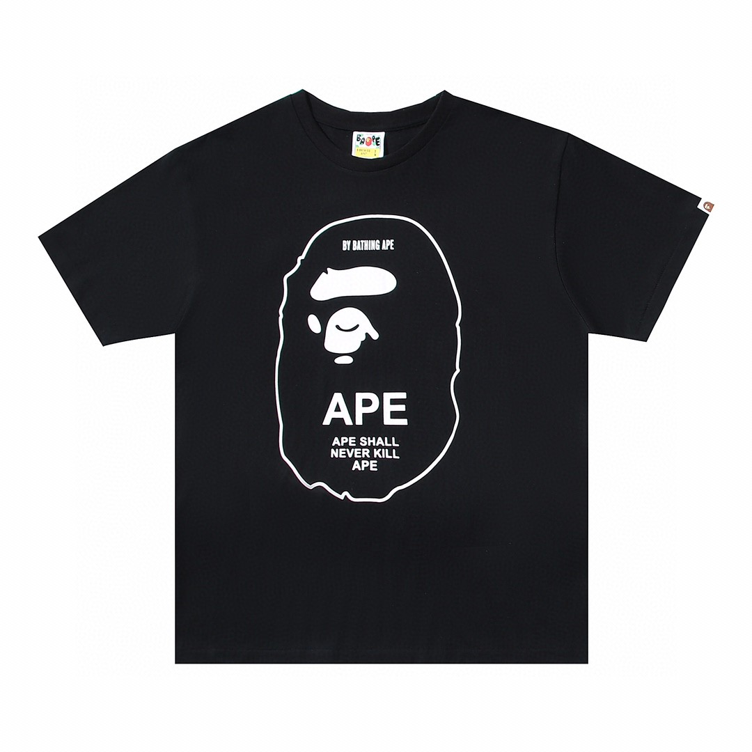 A BATHING APEA Bape 猿人头图案字母logo 黑色 圆领 T恤 短袖 夏款 男女同款 