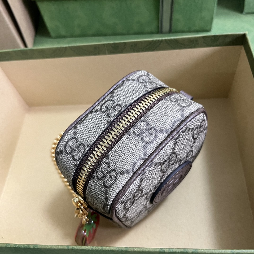 GUCCI 古驰 双G徽标 草莓挂饰老花Logo帆布拼皮 盒子包 钱包 零钱包 女款 棕色 726252-UIQAG-9870