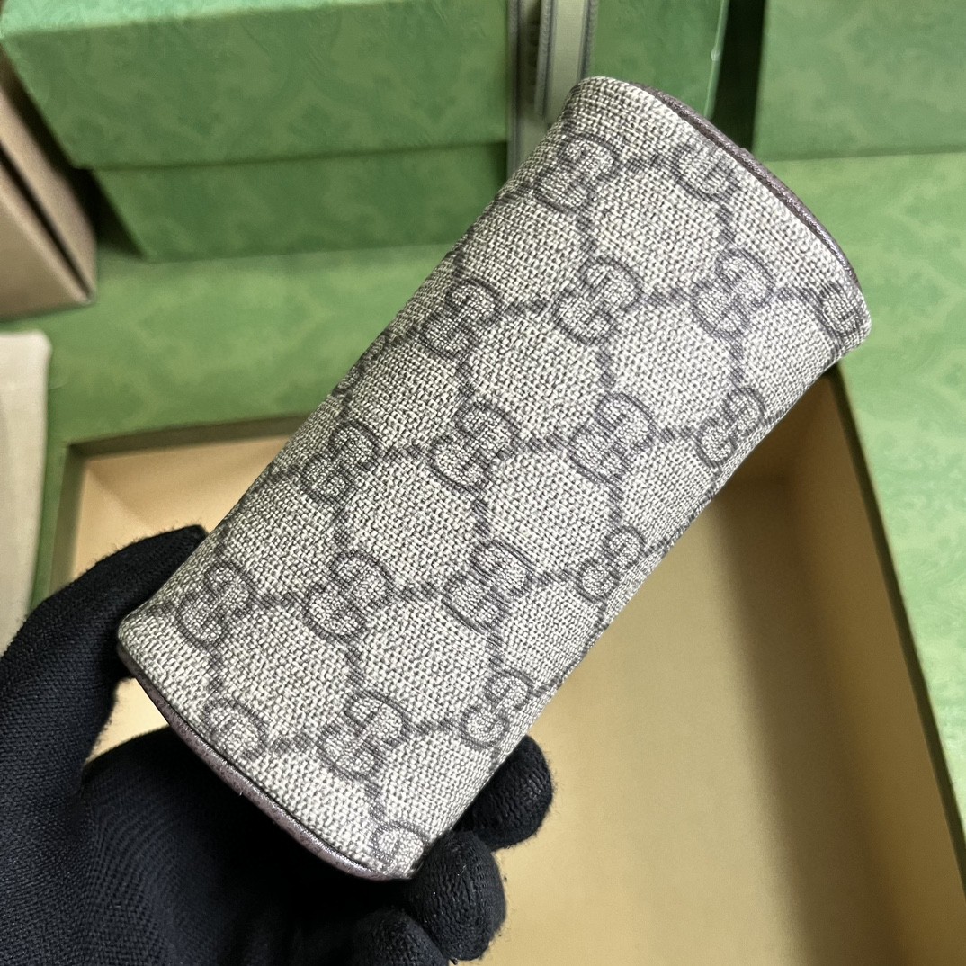 GUCC 古驰 双G徽标 草莓装饰老花Logo帆布拼皮革饰边 钱包 零钱包 女款 棕色 726253-FABD5-9870