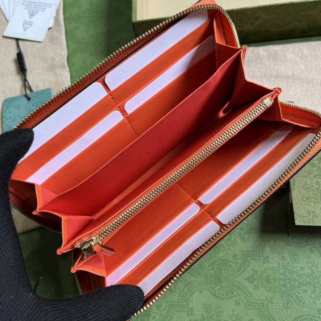 GUCCI 古驰 金属饰面拉链开合双G络缝长款 皮革 钱夹 钱包 卡包 橙色 女款 723784-UM8IG-7519