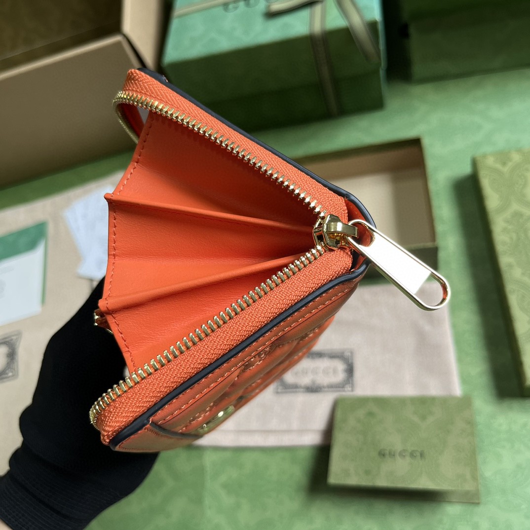 GUCCI 古驰 金属饰面拉链开合双G络缝长款 皮革 钱夹 钱包 卡包 橙色 女款 723784-UM8IG-7519