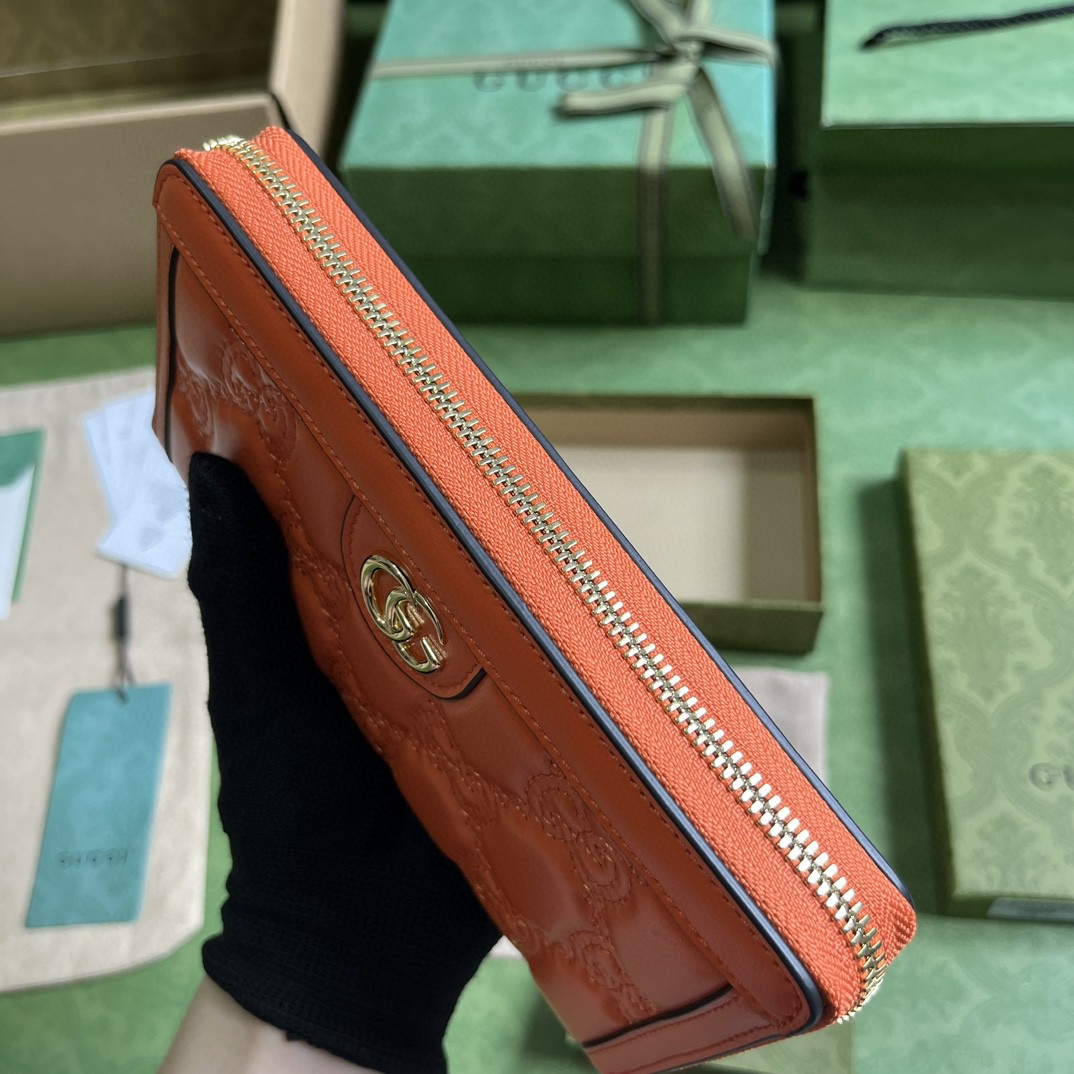 GUCCI 古驰 金属饰面拉链开合双G络缝长款 皮革 钱夹 钱包 卡包 橙色 女款 723784-UM8IG-7519