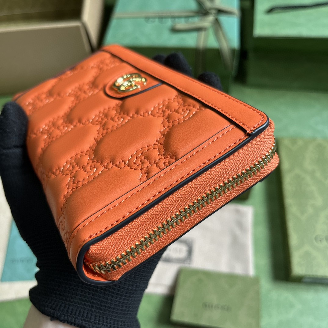 GUCCI 古驰 金属饰面拉链开合双G络缝长款 皮革 钱夹 钱包 卡包 橙色 女款 723784-UM8IG-7519