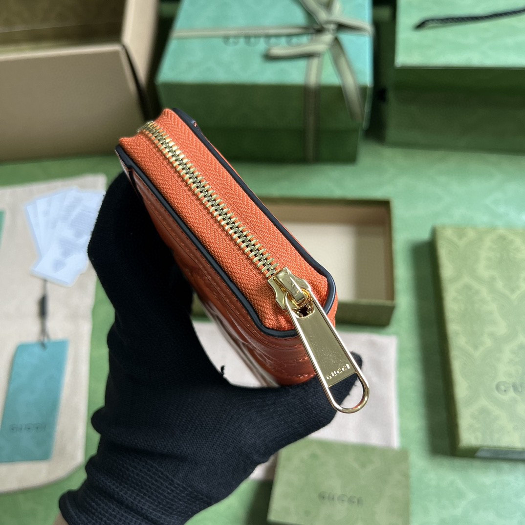 GUCCI 古驰 金属饰面拉链开合双G络缝长款 皮革 钱夹 钱包 卡包 橙色 女款 723784-UM8IG-7519