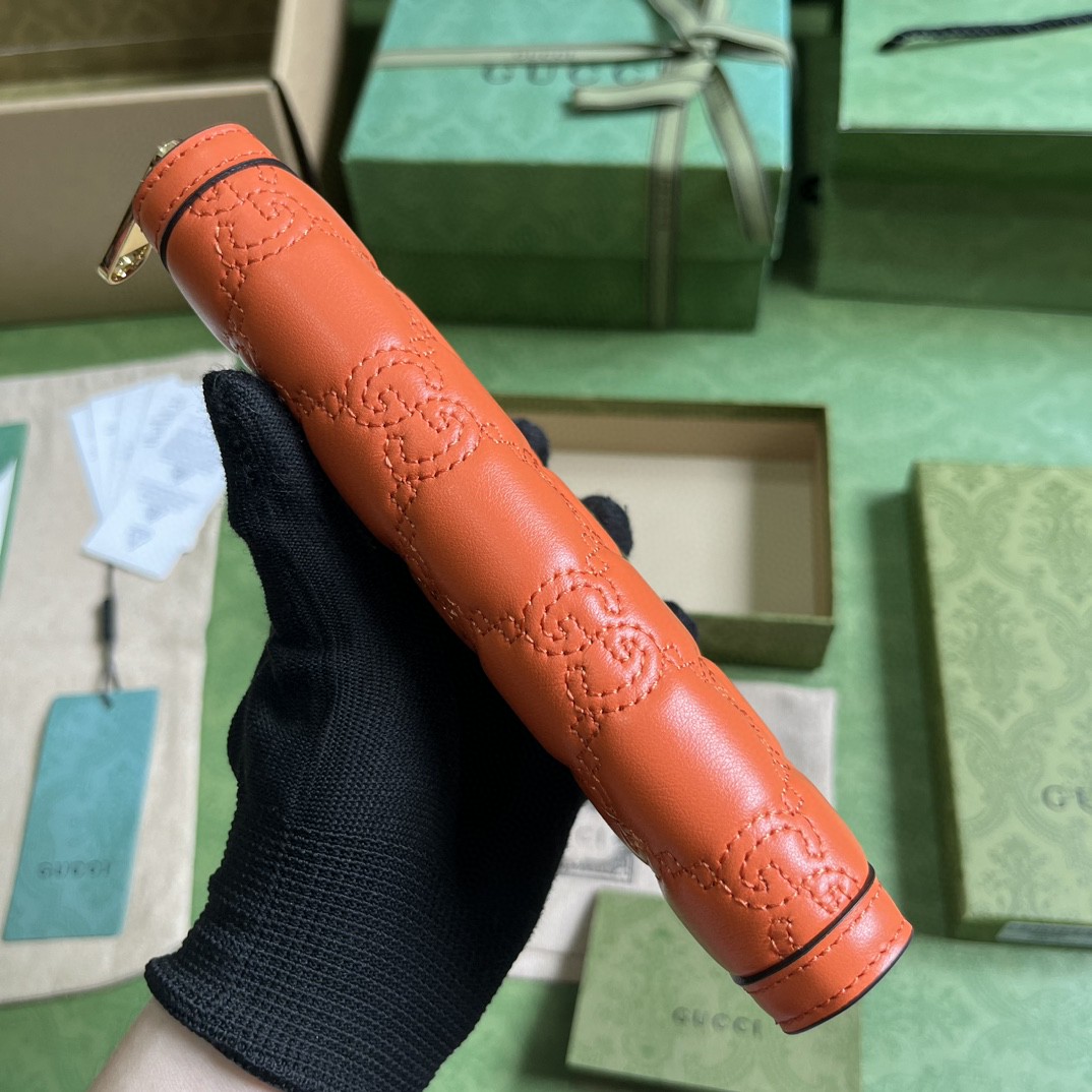 GUCCI 古驰 金属饰面拉链开合双G络缝长款 皮革 钱夹 钱包 卡包 橙色 女款 723784-UM8IG-7519