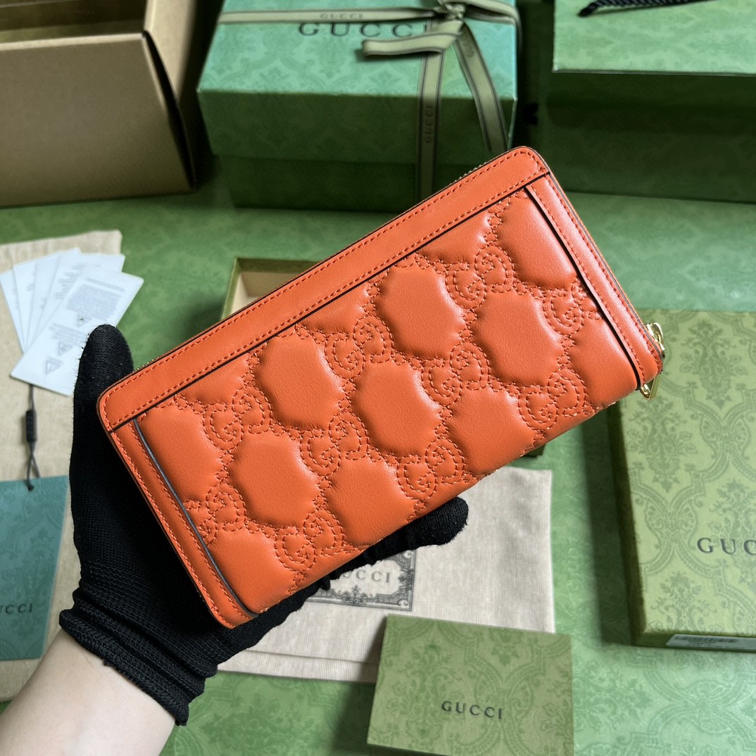 GUCCI 古驰 金属饰面拉链开合双G络缝长款 皮革 钱夹 钱包 卡包 橙色 女款 723784-UM8IG-7519
