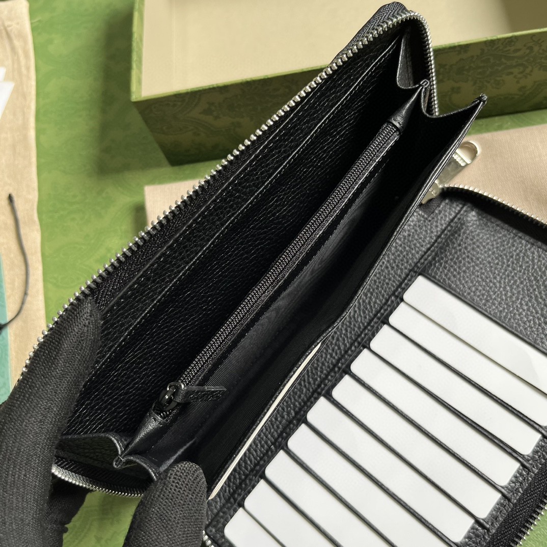 GUCCI 古驰 双G徽标压印拉链开合 皮革 长款 钱夹 钱包 卡包 黑色 男女同款 
