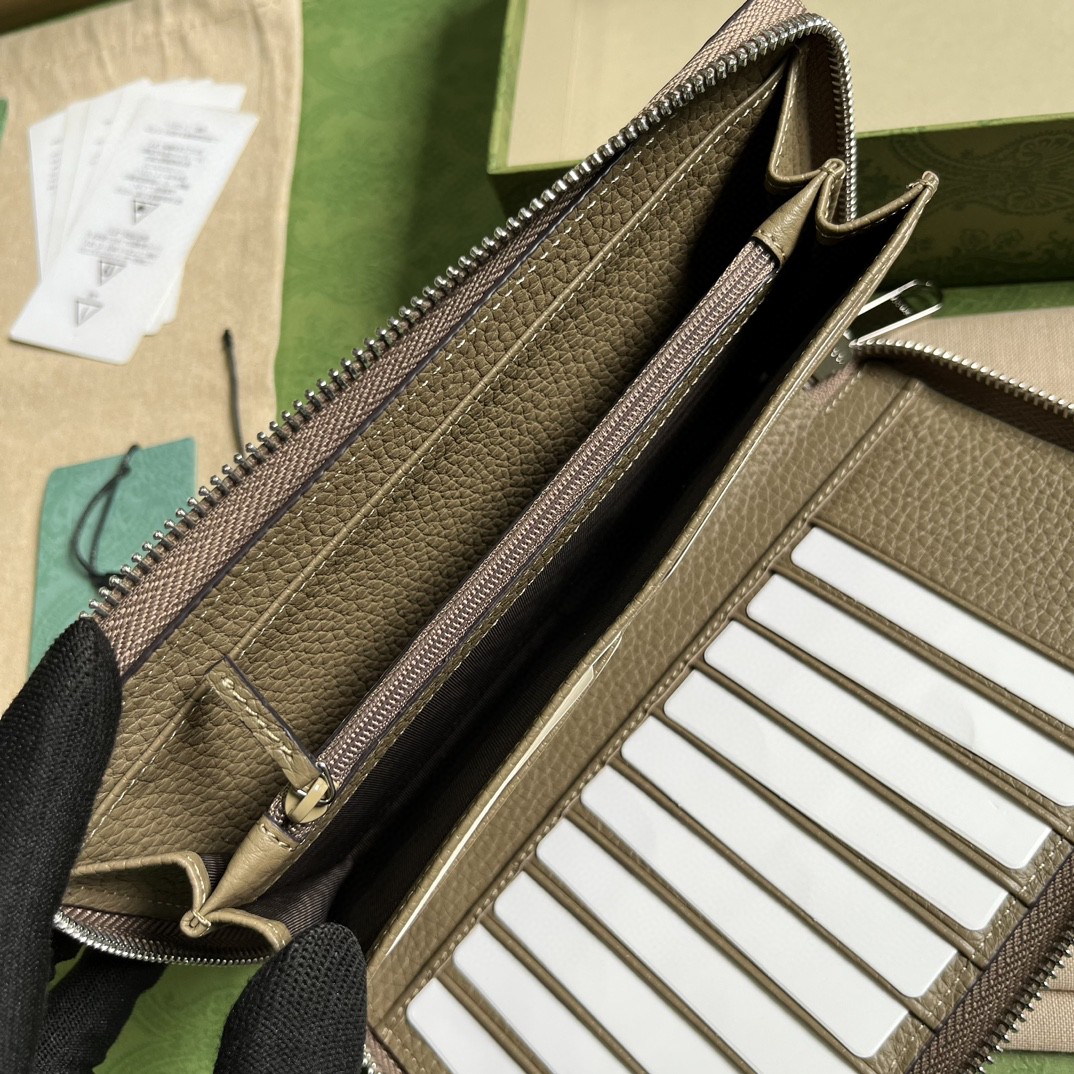 GUCCI 古驰 双G徽标压印拉链开合 皮革 长款 钱夹 钱包 卡包 灰色 男女同款 