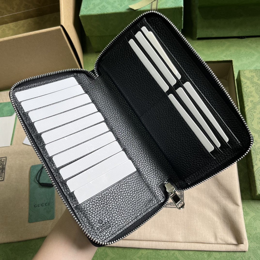 GUCCI 古驰 双G徽标压印拉链开合 皮革 长款 钱夹 钱包 卡包 黑色 男女同款 