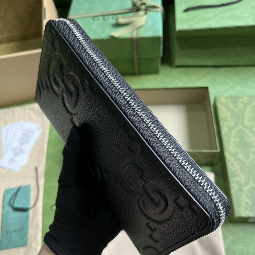 GUCCI 古驰 双G徽标压印拉链开合 皮革 长款 钱夹 钱包 卡包 黑色 男女同款 