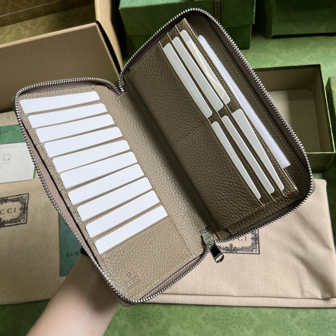 GUCCI 古驰 双G徽标压印拉链开合 皮革 长款 钱夹 钱包 卡包 灰色 男女同款 