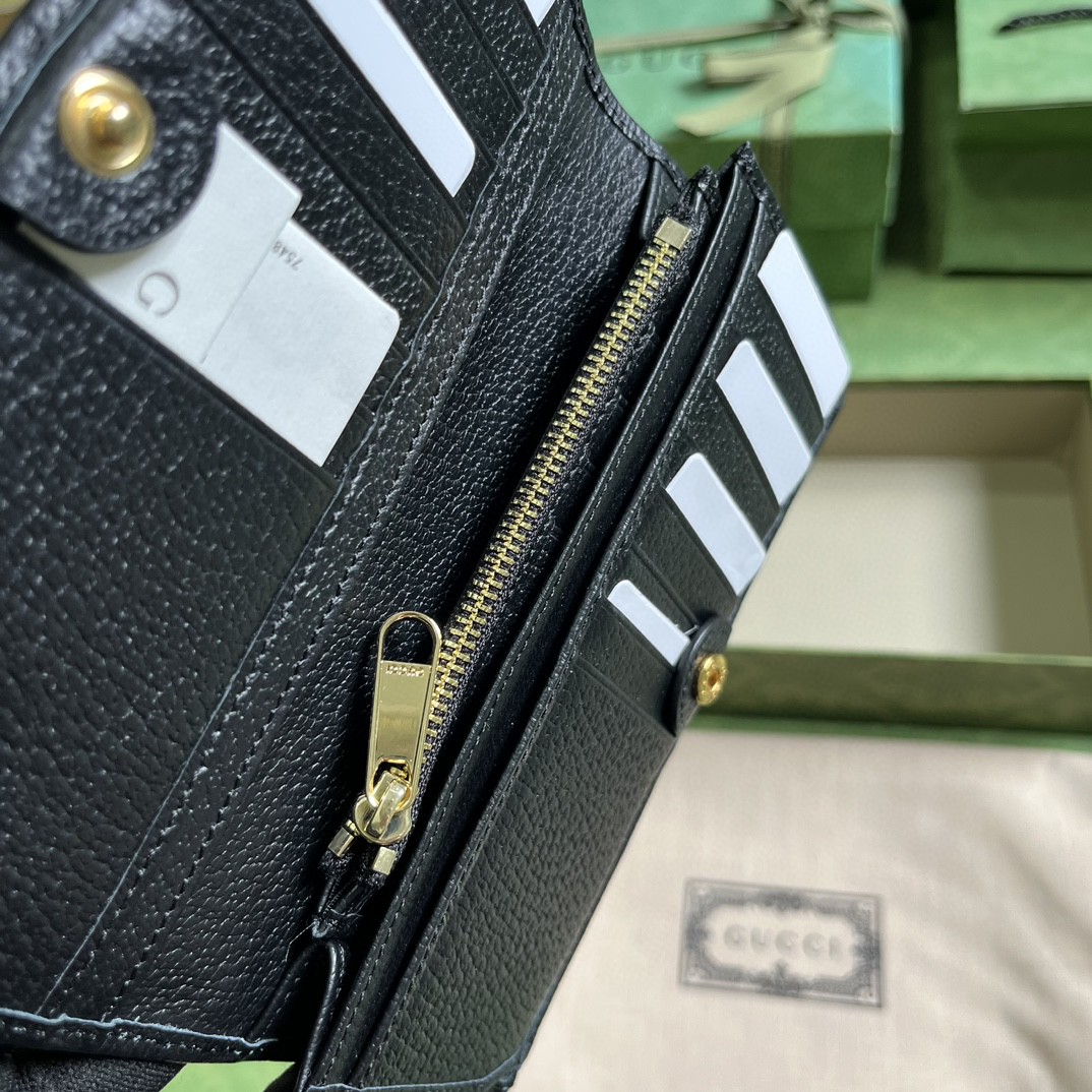GUCCI 古驰 Horsebit 金色金属马衔扣皮革 长款 钱夹 钱包 卡包 黑色 男女同款