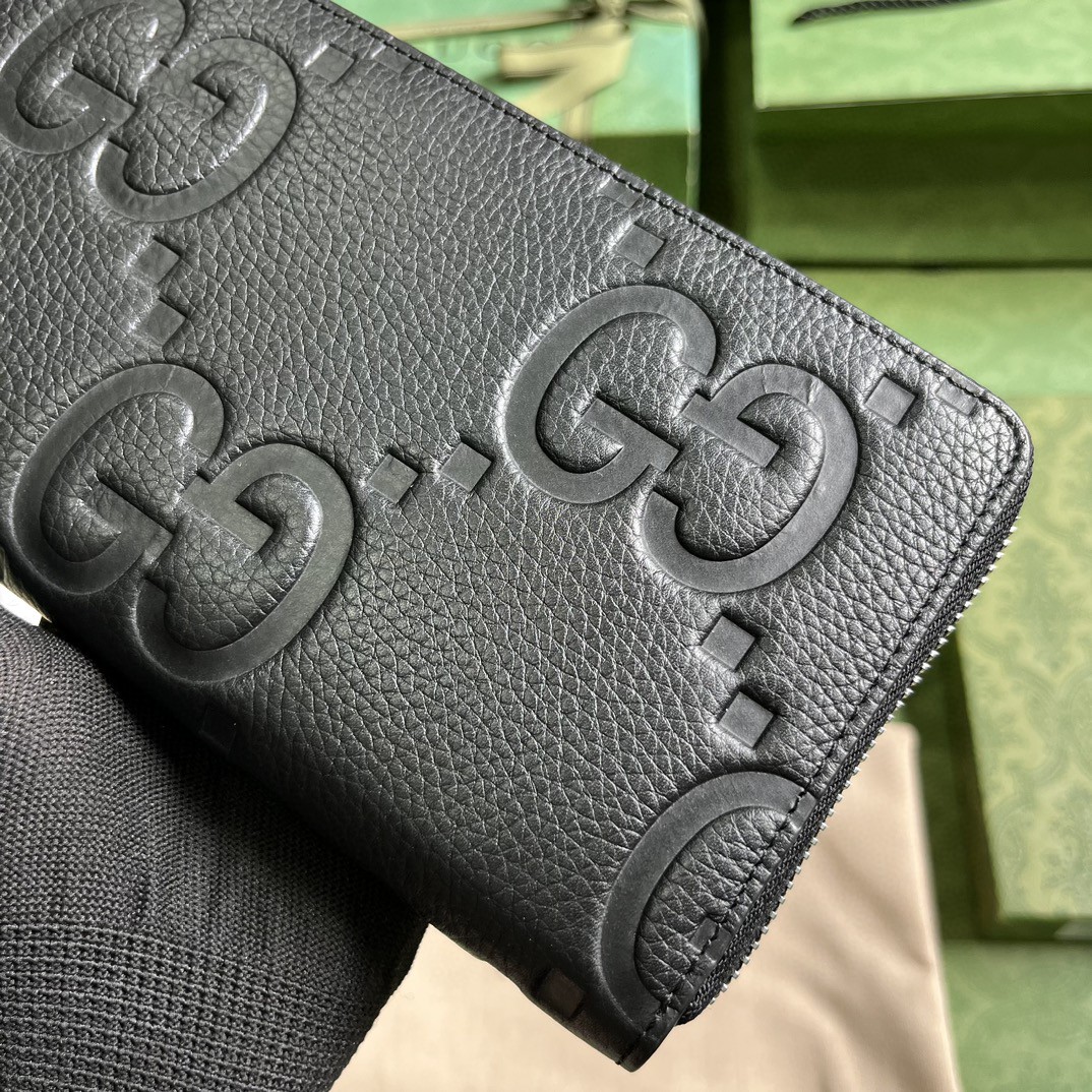 GUCCI 古驰 双G徽标压印拉链开合 皮革 长款 钱夹 钱包 卡包 黑色 男女同款 