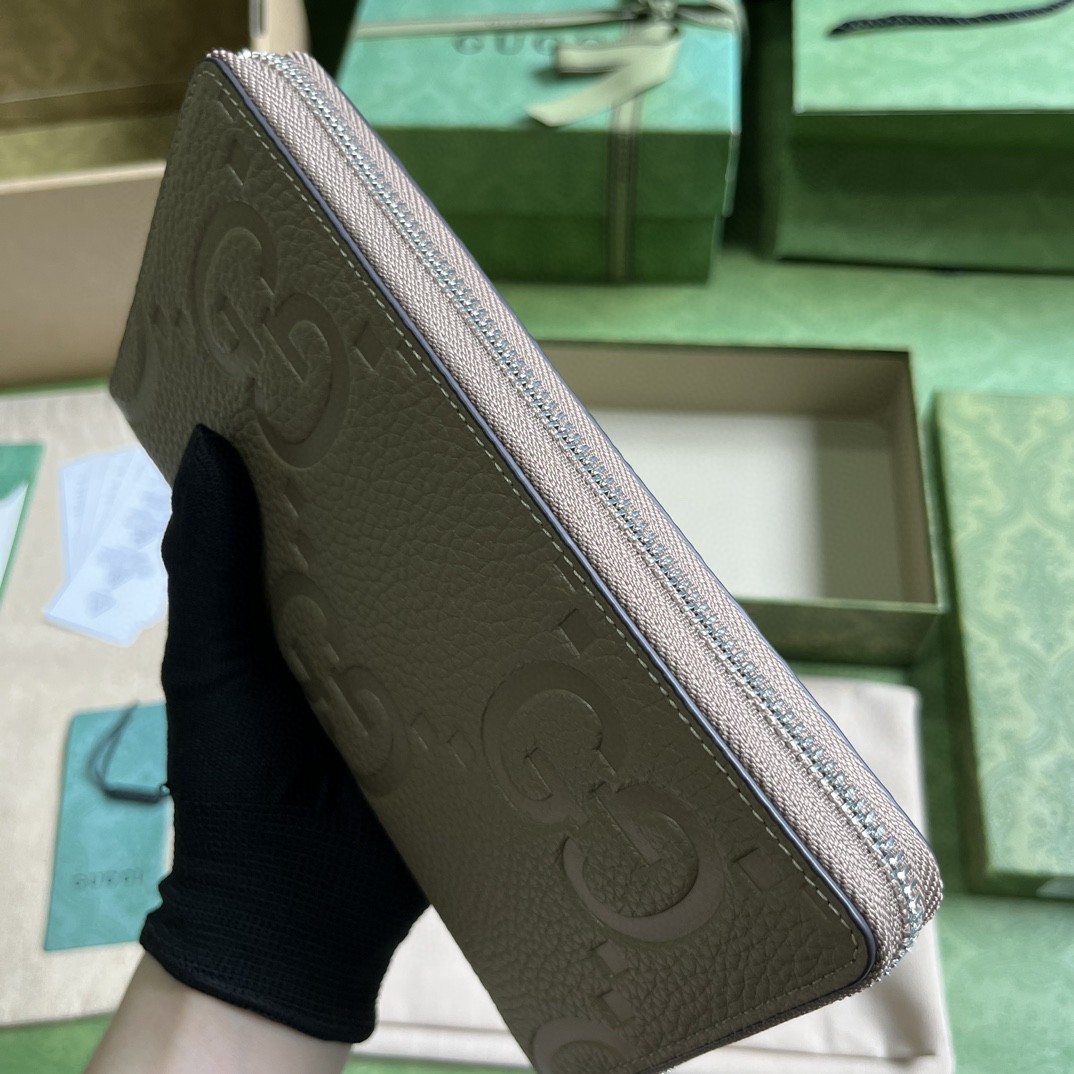 GUCCI 古驰 双G徽标压印拉链开合 皮革 长款 钱夹 钱包 卡包 灰色 男女同款 