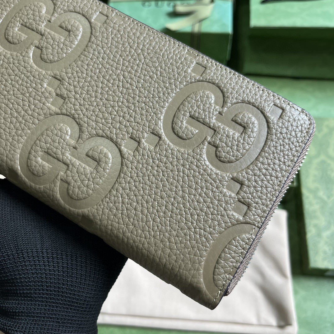 GUCCI 古驰 双G徽标压印拉链开合 皮革 长款 钱夹 钱包 卡包 灰色 男女同款 