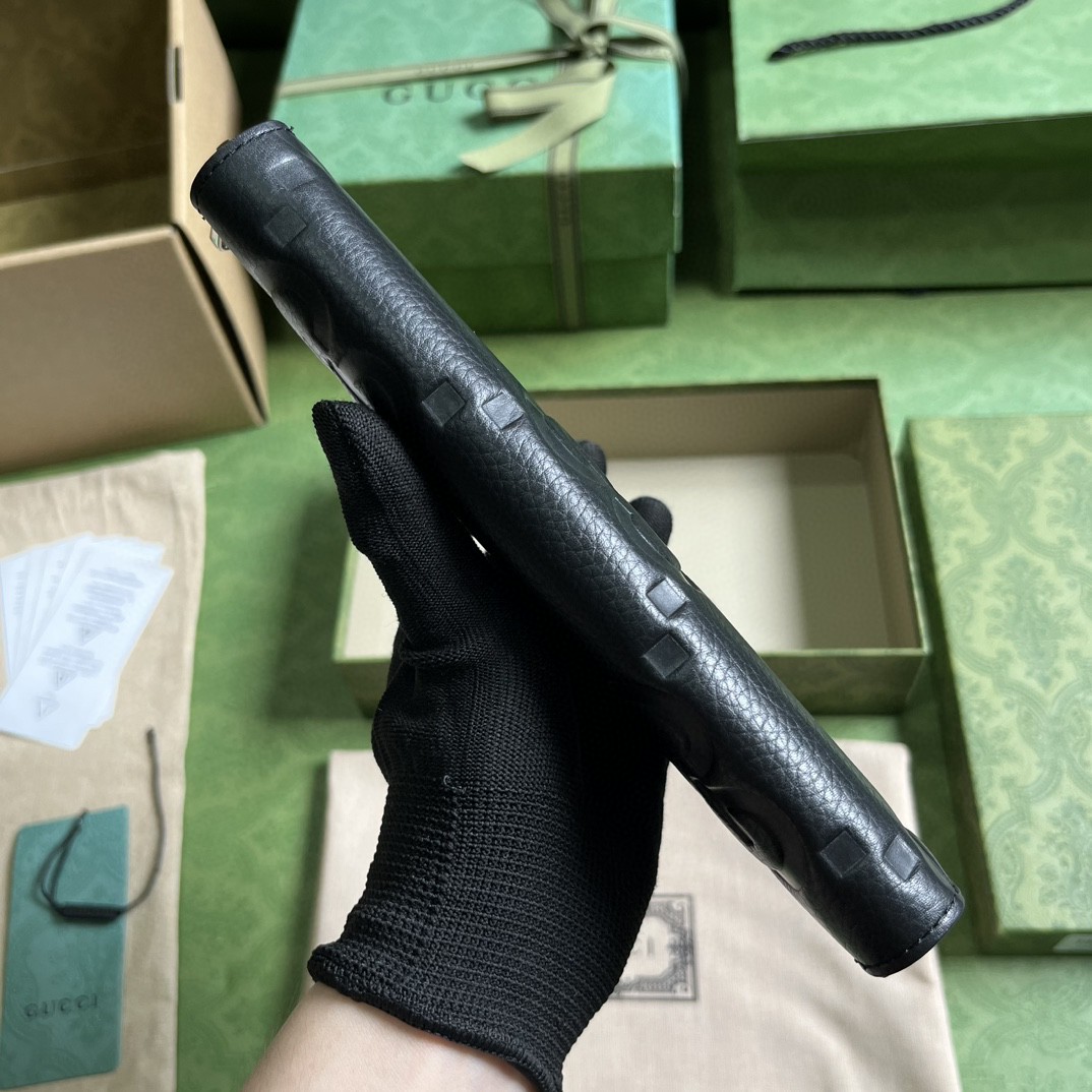 GUCCI 古驰 双G徽标压印拉链开合 皮革 长款 钱夹 钱包 卡包 黑色 男女同款 