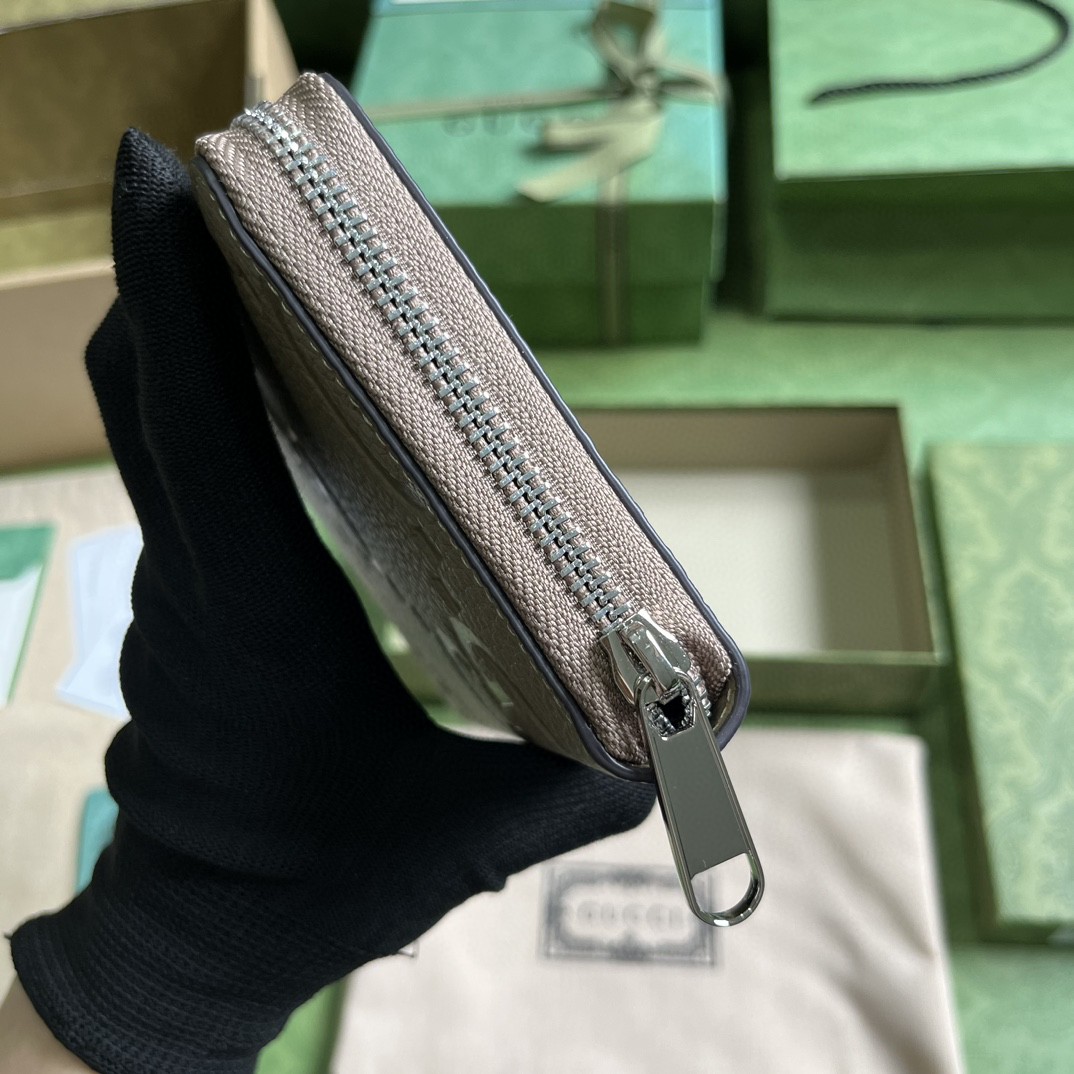 GUCCI 古驰 双G徽标压印拉链开合 皮革 长款 钱夹 钱包 卡包 灰色 男女同款 