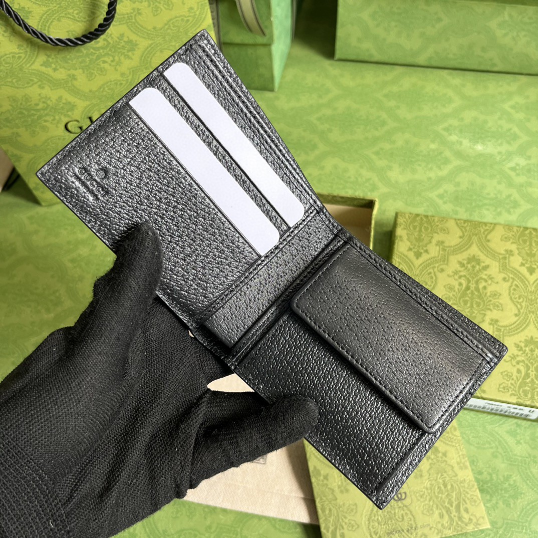 GUCCI 古驰 Horsebit 金色金属马衔扣对折皮革 内有零钱小袋 短款 钱夹 钱包 黑色 男女同款