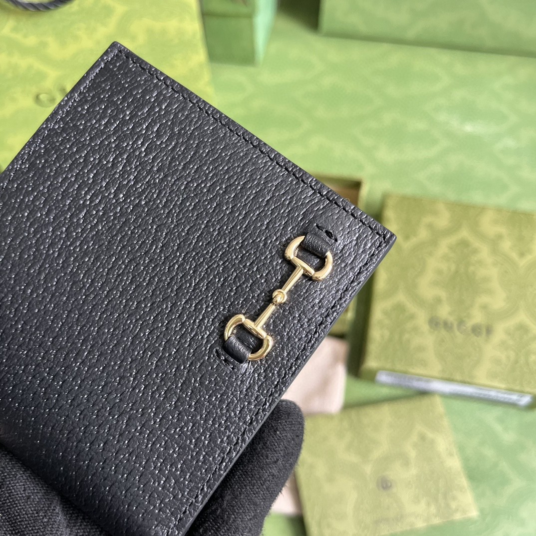 GUCCI 古驰 Horsebit 金色金属马衔扣对折皮革 内有零钱小袋 短款 钱夹 钱包 黑色 男女同款