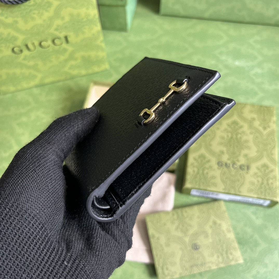 GUCCI 古驰 Horsebit 金色金属马衔扣对折皮革 内有零钱小袋 短款 钱夹 钱包 黑色 男女同款
