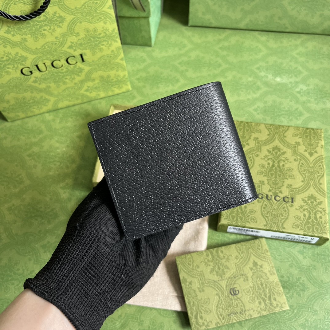 GUCCI 古驰 Horsebit 金色金属马衔扣对折皮革 内有零钱小袋 短款 钱夹 钱包 黑色 男女同款