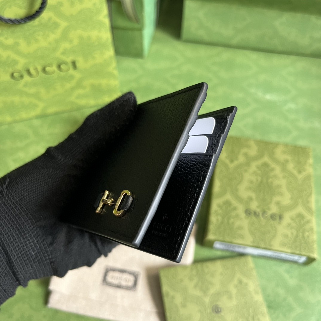 GUCCI 古驰 Horsebit 金色金属马衔扣对折皮革 短款 钱夹 钱包 黑色 男女同款 708554-DJ20G-1000