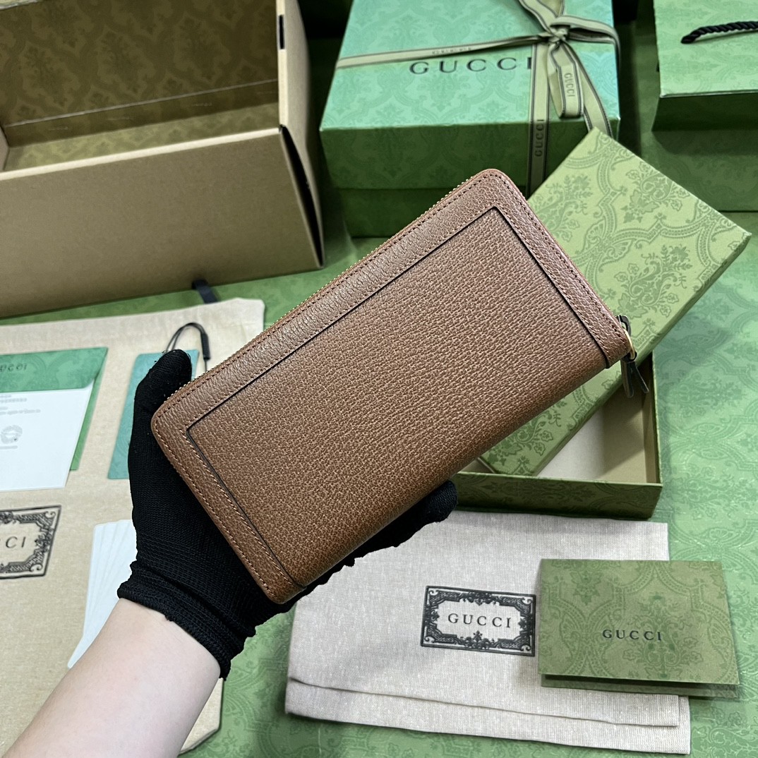 GUCCI 古驰 Diana戴安娜 金标Logo竹节饰扣皮革长款拉链 钱包 钱夹 女款 棕色 658634-17Q0T-2535