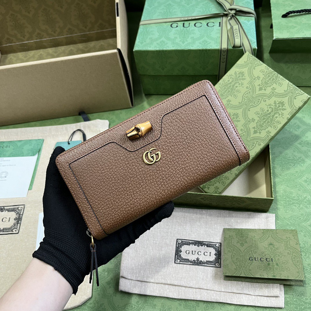 GUCCI 古驰 Diana戴安娜 金标Logo竹节饰扣皮革长款拉链 钱包 钱夹 女款 棕色 658634-17Q0T-2535