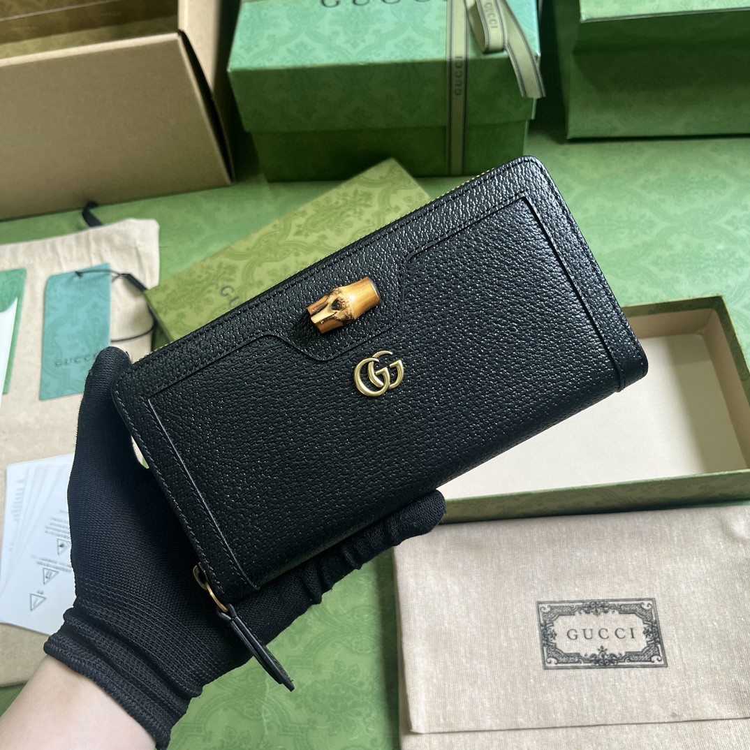 GUCCI 古驰 Diana戴安娜 金标Logo竹节饰扣皮革长款拉链 钱包 钱夹 女款 黑色 658634-17Q0T-1000