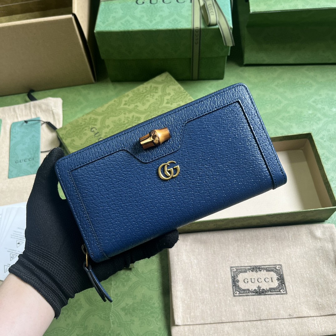 GUCCI 古驰 Diana 竹节复古金色五金件拉链开合皮革 钱包 女款 蓝色 658634-DJ20T-4236