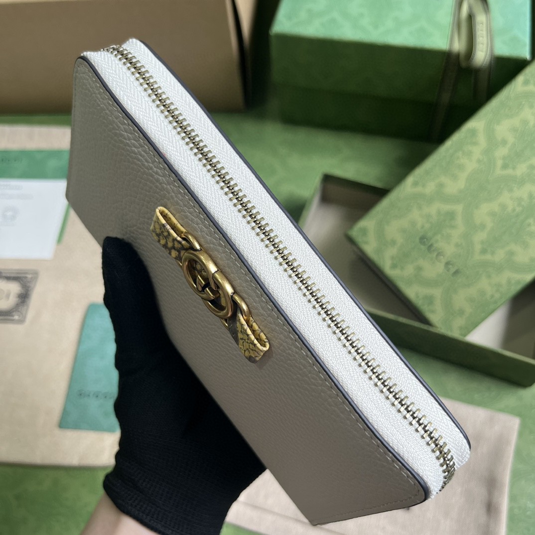 GUCCI 古驰 互扣式双G 按扣开合皮革拼蟒蛇皮饰边 钱夹 钱包 女款 白色