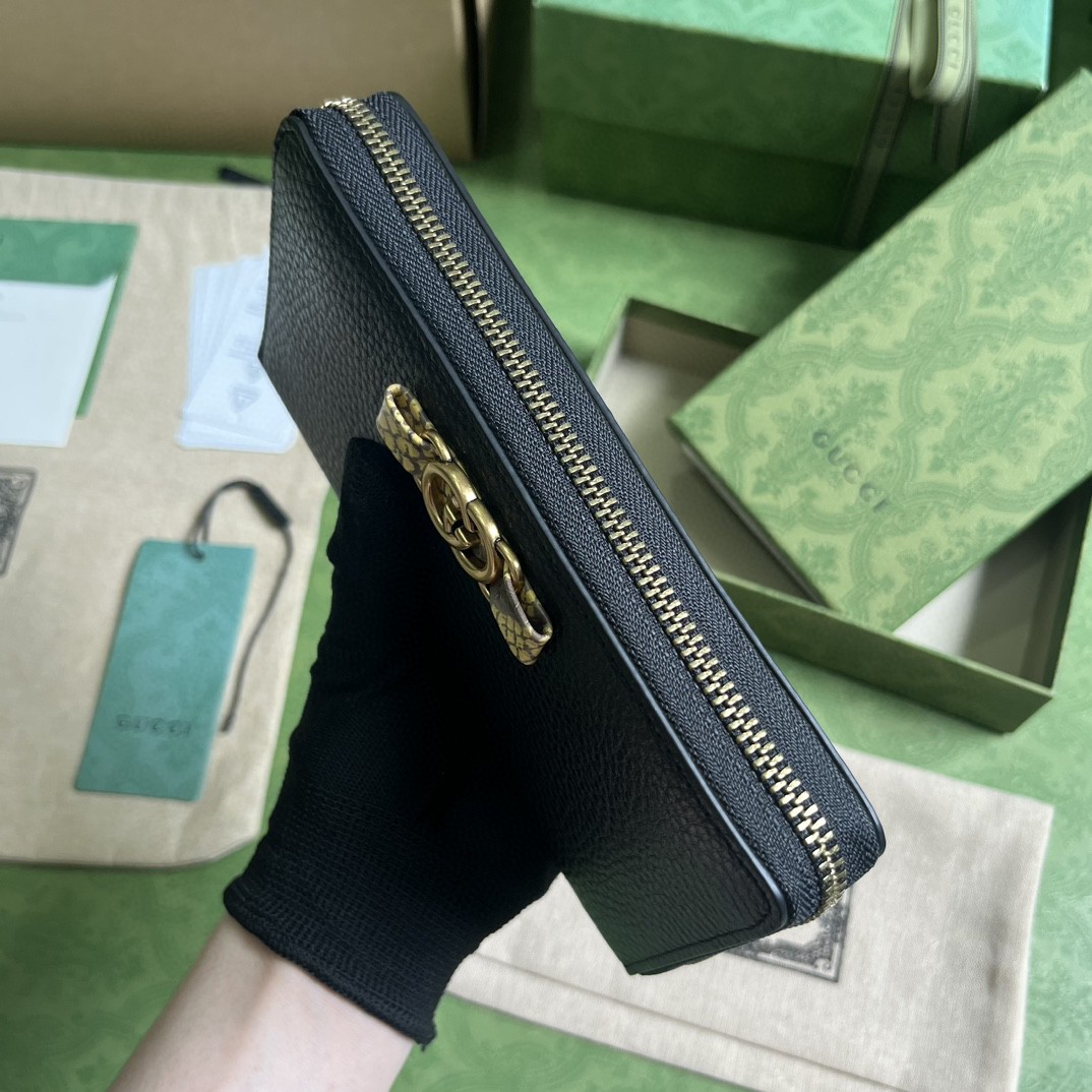 GUCCI 古驰 互扣式双G 按扣开合皮革拼蟒蛇皮饰边 钱夹 钱包 女款 黑色