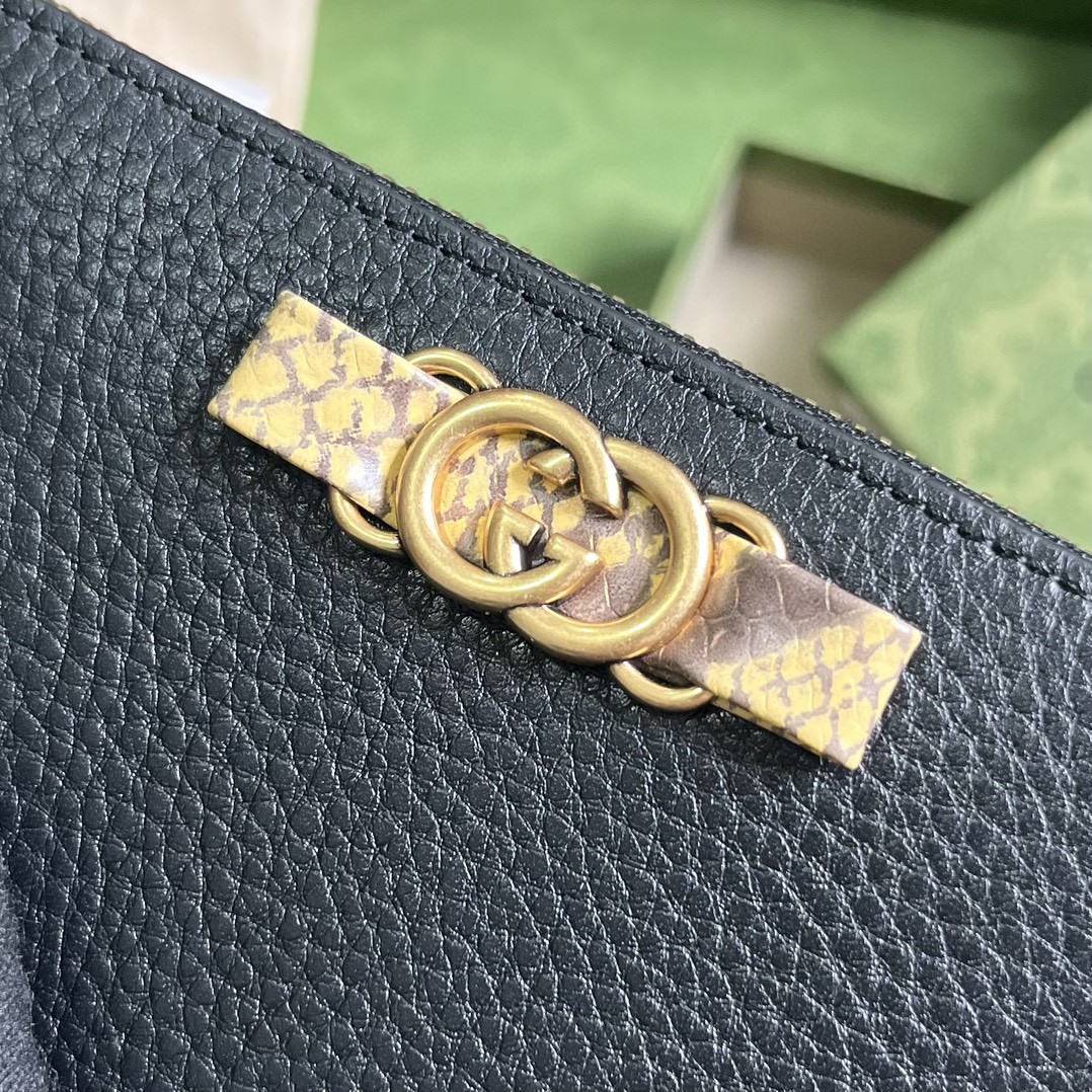 GUCCI 古驰 互扣式双G 按扣开合皮革拼蟒蛇皮饰边 钱夹 钱包 女款 黑色