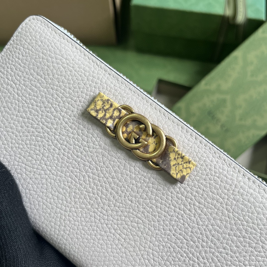 GUCCI 古驰 互扣式双G 按扣开合皮革拼蟒蛇皮饰边 钱夹 钱包 女款 白色