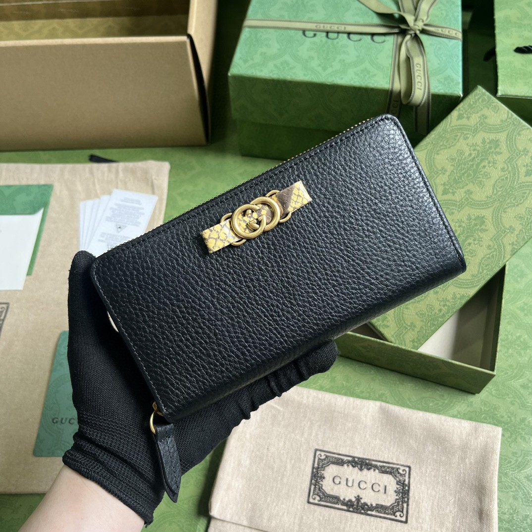 GUCCI 古驰 互扣式双G 按扣开合皮革拼蟒蛇皮饰边 钱夹 钱包 女款 黑色