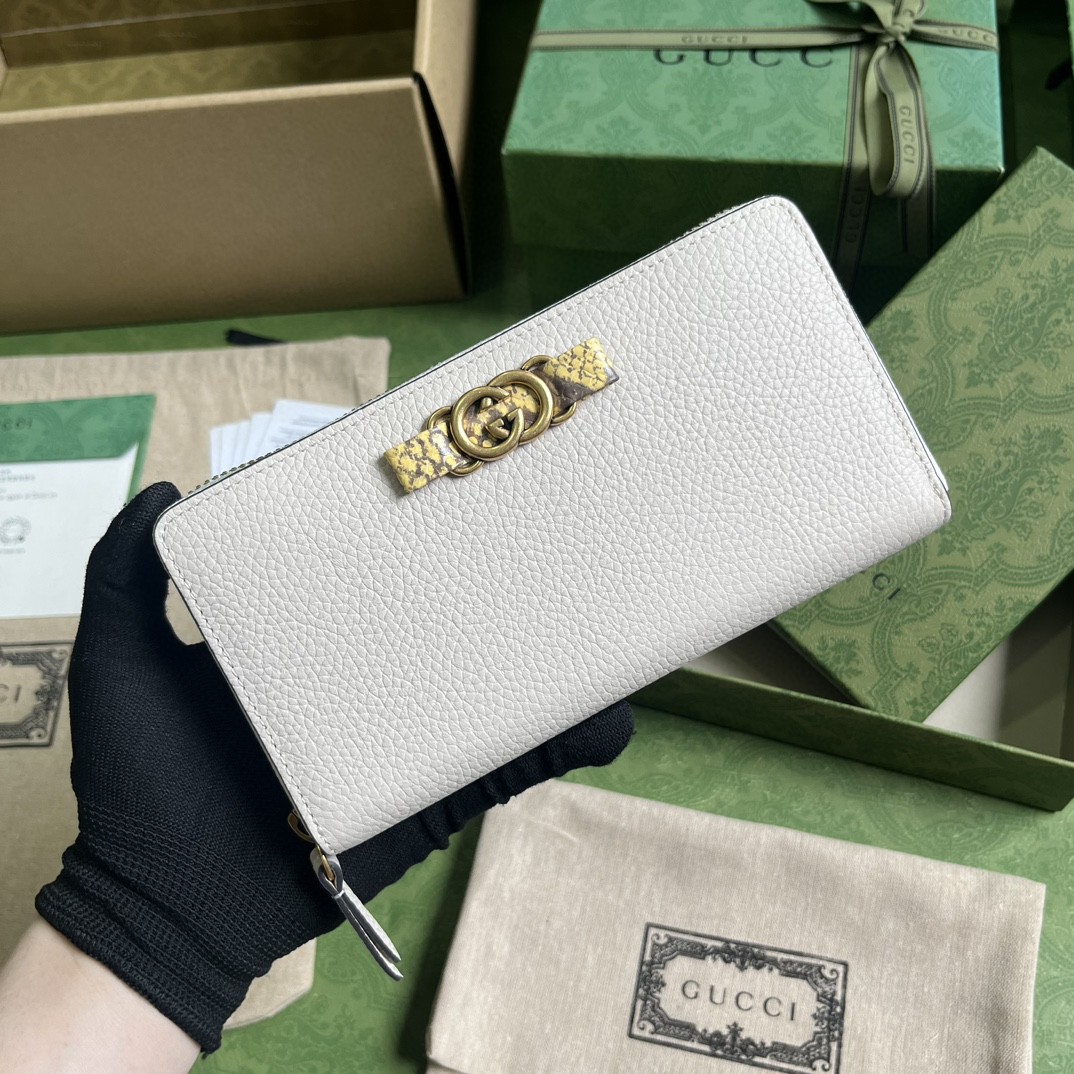 GUCCI 古驰 互扣式双G 按扣开合皮革拼蟒蛇皮饰边 钱夹 钱包 女款 白色