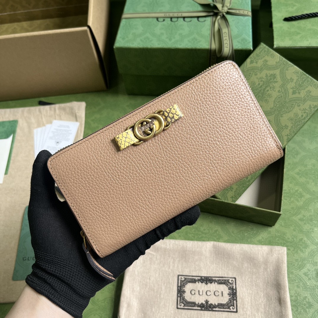 [Copy]GUCCI 古驰 互扣式双G 按扣开合蟒蛇皮 钱包 钱夹 女款 米粉色 746059-AACAO-2741