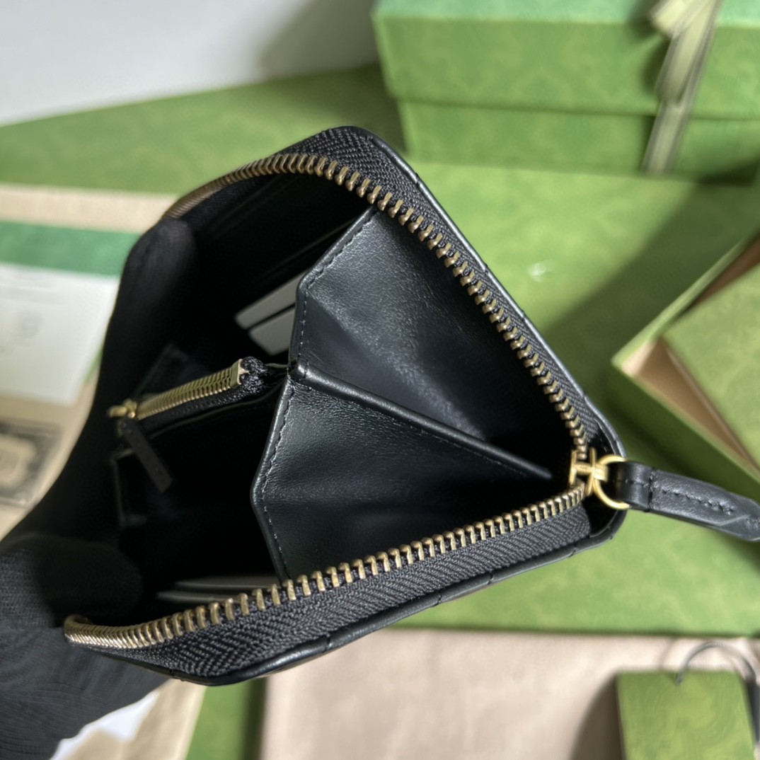 GUCCI 古驰 GG Marmont 系列马蒙金标Logo 珩缝拉链短款 钱夹 零钱包 钱包 女款 黑色
